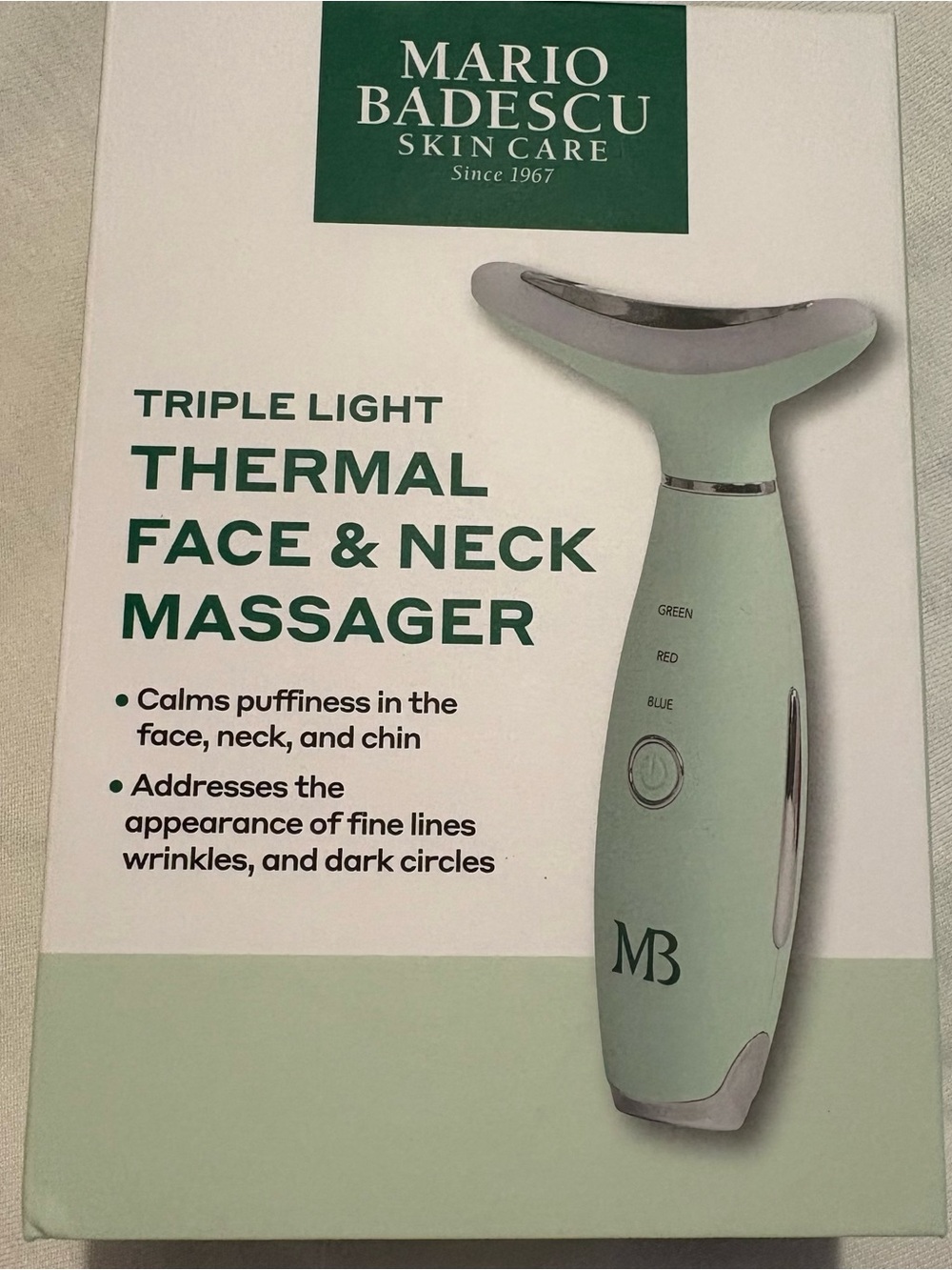 Mario Badescu Triple Light Thermal Face & Neck Massager in Mint Green and Silver